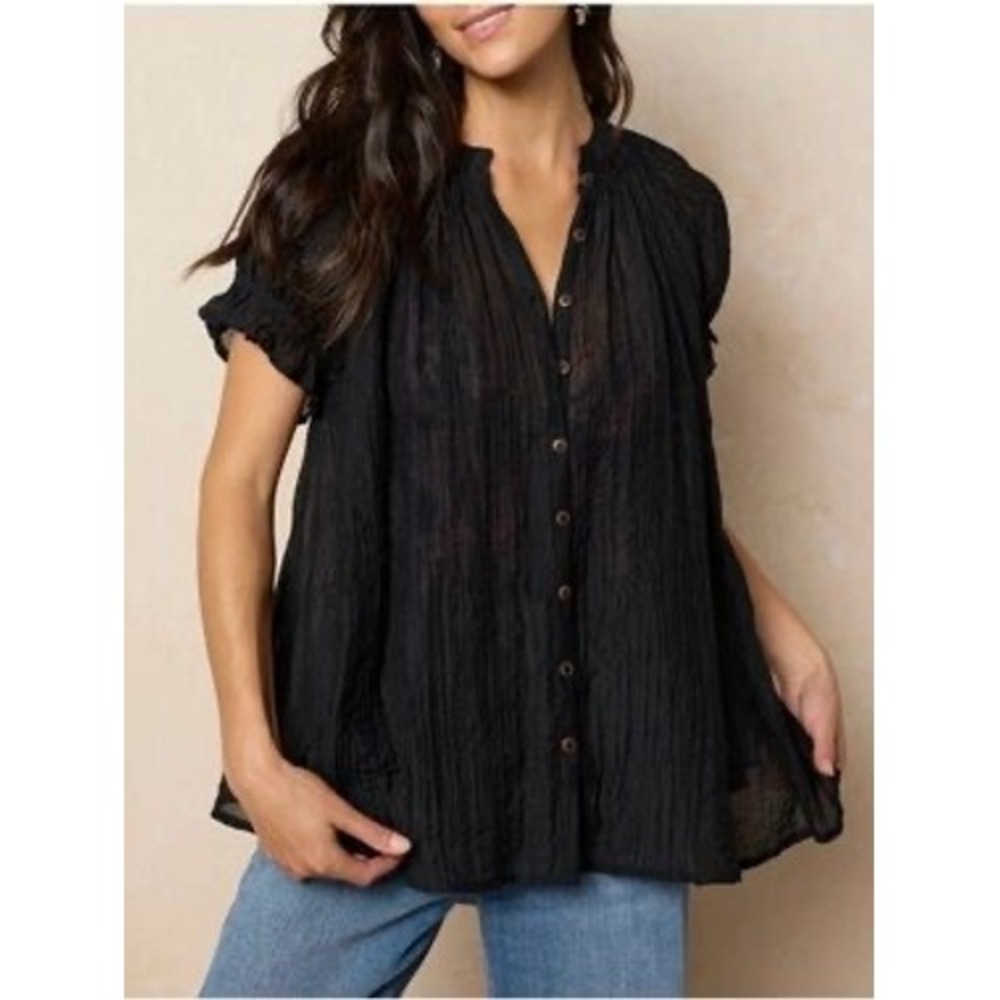 Natural Life Black Button Front Blouse Ruffle Boho Cottage Flowy NEW Women Large